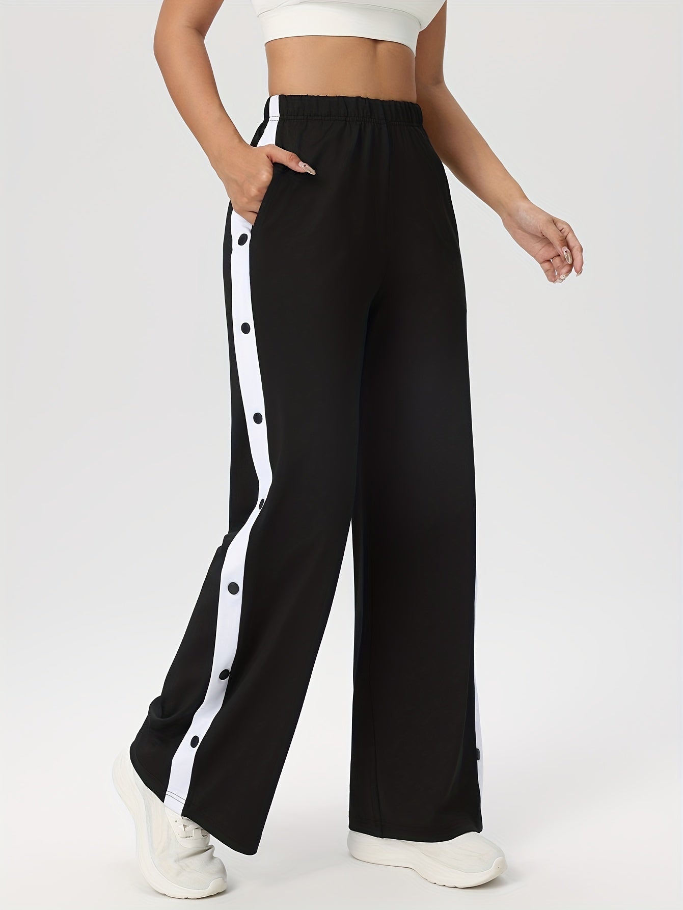 High Waist Button Side Stripe Track Pants - Polyester Spandex Blend, Sports Style, High Stretch Knit Fabric, Solid Color, Loose Fit, Long Length Yoga Pants for Fitness Running - For Women & Men - All Season Suitable - Perfect
